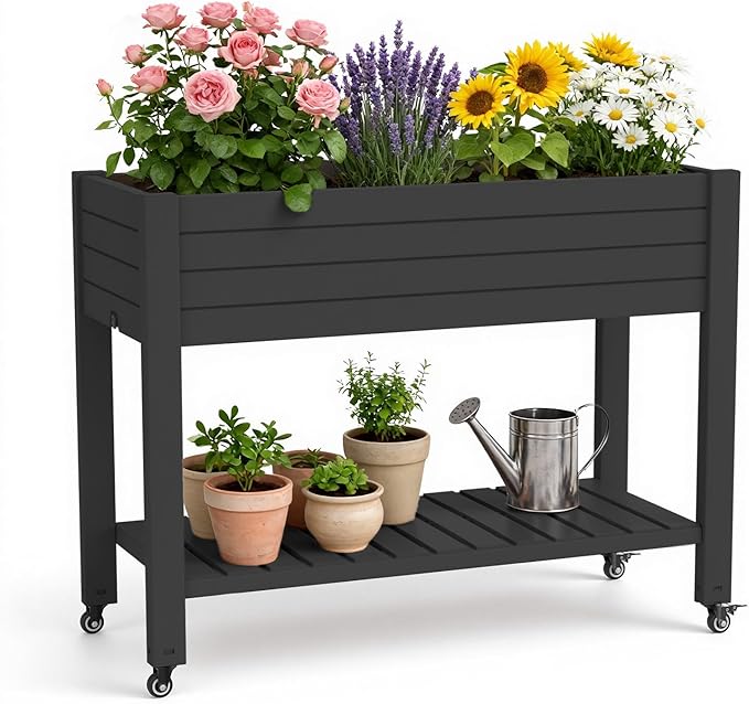 43 Elevated Garden Bed with Wheels &amp Legs 78L/21 Gal Large Raised Planter Box with Drainage &amp Water Level Indicator Mobile Herb Garden Kit for Patio &amp Balcony Black
