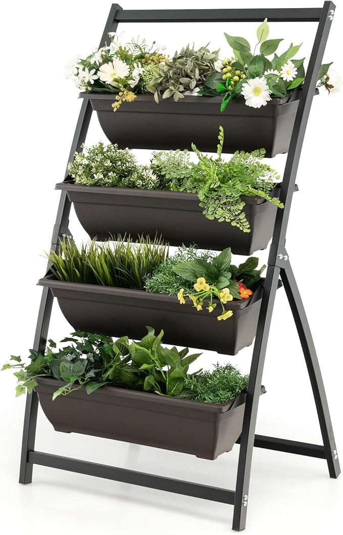 Giantex 4.1FT Vertical Raised Garden Bed 4-Tier Elevated Planter Box w/4 Containers &amp Drainage Holes Indoor Outdoor Freestanding Planter for Vegetables Herbs Flowers Heavy-Duty Metal Frame