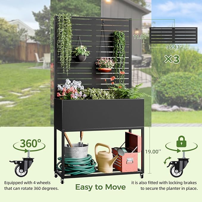 Metal Planter Box with Trellis67 H x35 W Raised Garden Beds with Privacy Screen for Climbing Plants Flower Elevated Standing Planter Garden Bed with Drainage Holes for Outdoor PatioBlack