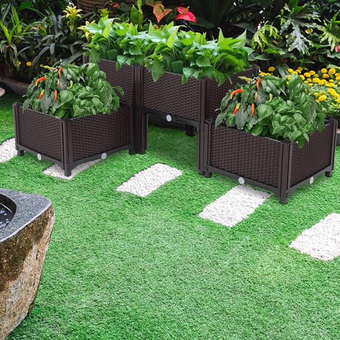 4 Pcs Raised Garden Planter Box BedRaised Indoor Outdoor Flower BedPlastic Elevated Garden Planters BoxVertical Pot Planter Boxeswith Drainage Plugfor Patio Porch Lawn Yard Backyard (Brown)