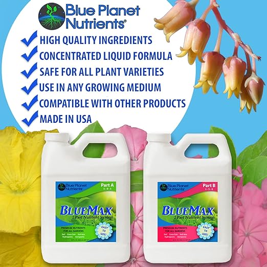 BlueMax Fertilizer Set (32 oz) Quart | Easy to Use Concentrated Plant Food for All Plants &amp Gardens | Makes Up to 470 Gallons of Ready to Feed | Blue Planet Nutrients