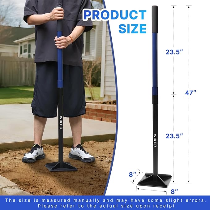 WIKER 8x8 Inch Steel Ground Tamper 48 Heavy Duty Hand Tamper Tool for Soil Compaction Dirt Leveling Landscaping Yard Garden and Paver Projects - No Loose Bolts Design