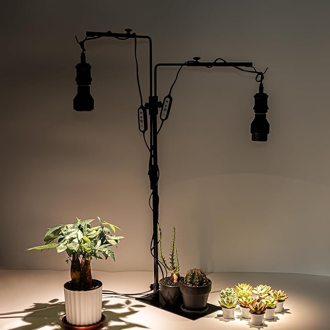 Plants Grow Stand 2-Lights E26 Base Adjustable Angle &amp Height with 5.9Ft Plug Timer Cord Free Placement for Plants Promotes Growth(Bulbs Sold Separately)