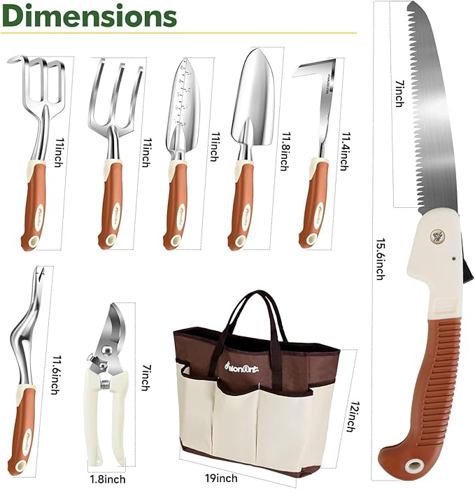 MelonArt Garden Tool Set10 Pcs Heavy Duty Gardening Hand Tool Kit for Women Aluminum with Non Slip Ergonomic Handle Storage Tote Bag and Gardening Gloves Ideal Gifts for Women and Men