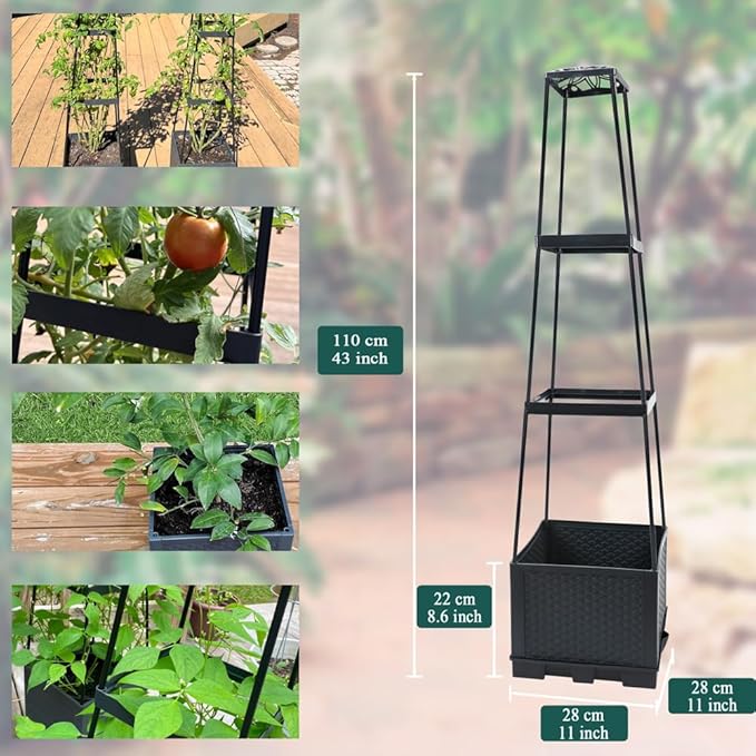 Tomato Cage with Trellis 43 H Tomato Planter Box Outdoor for Climbing Plants Flowers Potato Vine Vegetables Portable Self Watering Raised Garden Bed for Patio Greenhouse