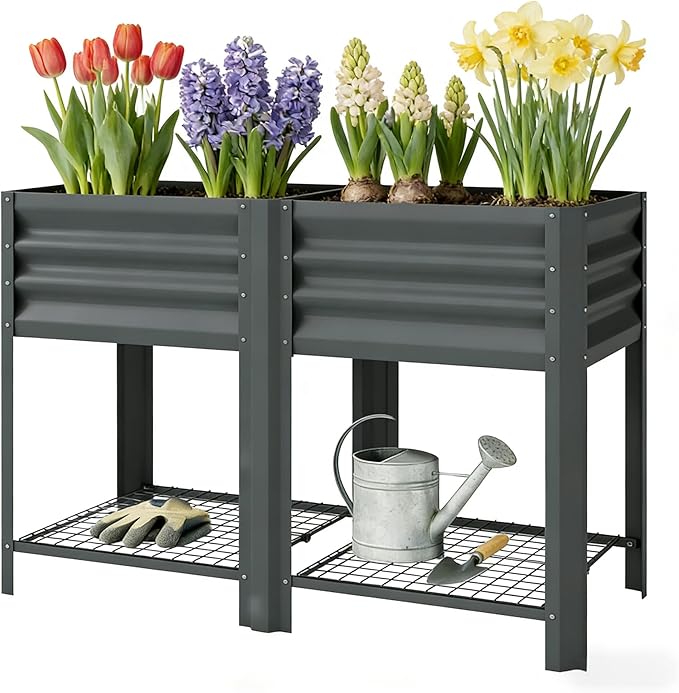 Elevated Outdoor Raised Garden Bed with Legs - 39.6-Gallon Galvanized Steel Planter Box for Patio Herbs Vegetables &amp Flowers - Ergonomic Height 33lb Storage Shelf (Dark Gray)
