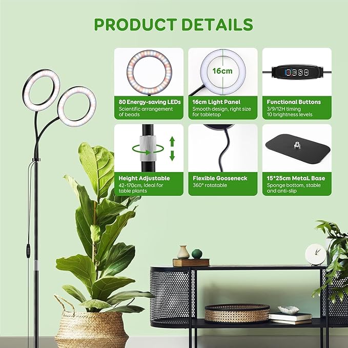 Dual Head Grow Light for Indoor Plants Full Spectrum Plant Light with 16.5-68 for Growing Large Tall Plants Equipment with 3/9/12-hour Automatic Timers 3 Light Modes 10 Dimmable Levels