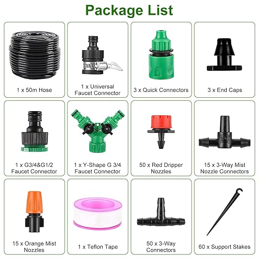 KOCASO 164FT Drip Irrigation System KitAutomatic Watering System Misting Plant Watering Drip Kit with 2 Kinds of Nozzles &amp 3Pcs Quick Connectors for GardenGreenhouse PatioLawn