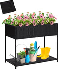 Kinsuite Rattan Raised Bed Planter - Elevated Wicker Planter Box with Tool Storage Shelf Garden Bed for Herbs Vegetables Flowers for Outdoor Indoor Black
