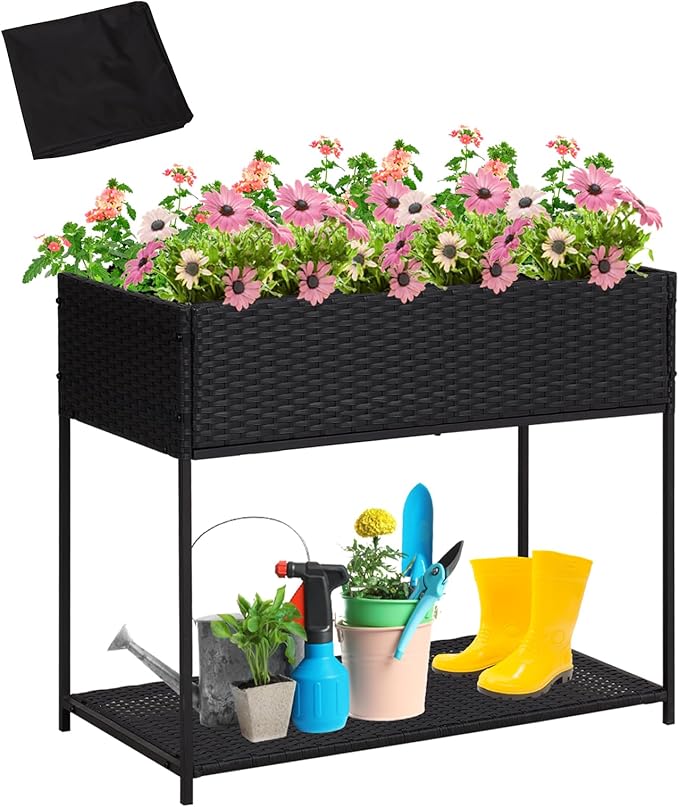 Kinsuite Rattan Raised Bed Planter - Elevated Wicker Planter Box with Tool Storage Shelf Garden Bed for Herbs Vegetables Flowers for Outdoor Indoor Black