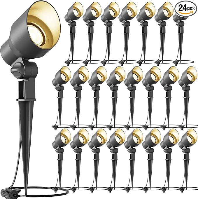 VENUS MANUFACTURING 24 Pack Low Voltage Landscape Spotlight 3W LED Outdoor Landscape Lighting Kits 200 Lumen Black Waterproof Flood Lights 12V 3000K Warm White Metal Tree Lights for Garden &amp Yard