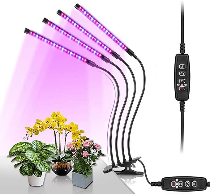 4 Head LED Timing Plant Grow Light with Clamp Full Spectrum Red Blue Felxible Grow Lamp for Indoor Plants Greenhouse Office Gardening