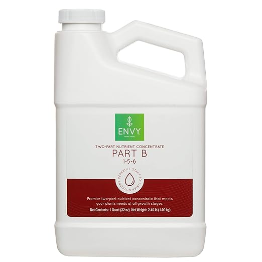 ENVY Part B (1-5-6) NPK - Part B of Two-Part Base Nutrient for Growing Vegetables Herbs &amp Fruit Complete Base Nutrients for Hydro Soil &amp Coir (Quart)