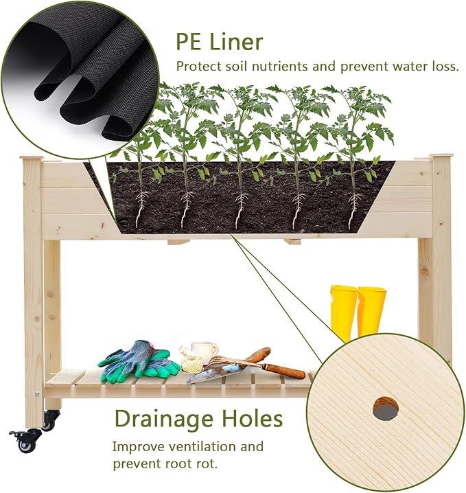 LYNSLIM Wooden Raised Garden Bed with Wheels &amp Shelf Elevated Planter Box for Flower Vegetable Grow Natural Cedar Wood Frame Gardening Planting BedEasy Assembly