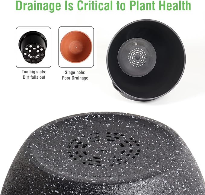 WOUSIWER Plant Pots 10/9/8 inch Set of 3 Modern Decorative Plastic Planters with Drainage Holes and Saucers for House Plants Indoor Flowers Plants Black with White Speckles