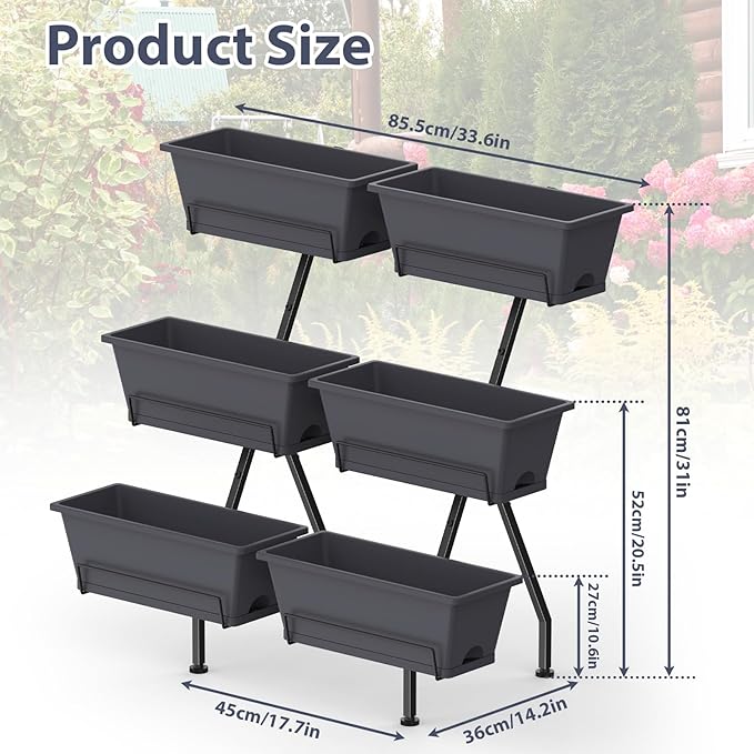 Sunexinlo 3-Tier Vertical Garden Planter with 6 Boxes 31 Tall Raised Garden Bed with Adjustable Feet for Herbs Flowers Vegetables Ideal for Indoor Outdoor Patio Balcony Deck Use Gray