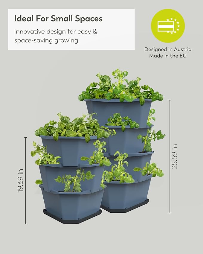 BUZZY Seeds Starter Stackable Vertical Planter – 4-Level Raised Garden Tower for Potatoes Strawberries Vegetables &amp Flowers (Gray)