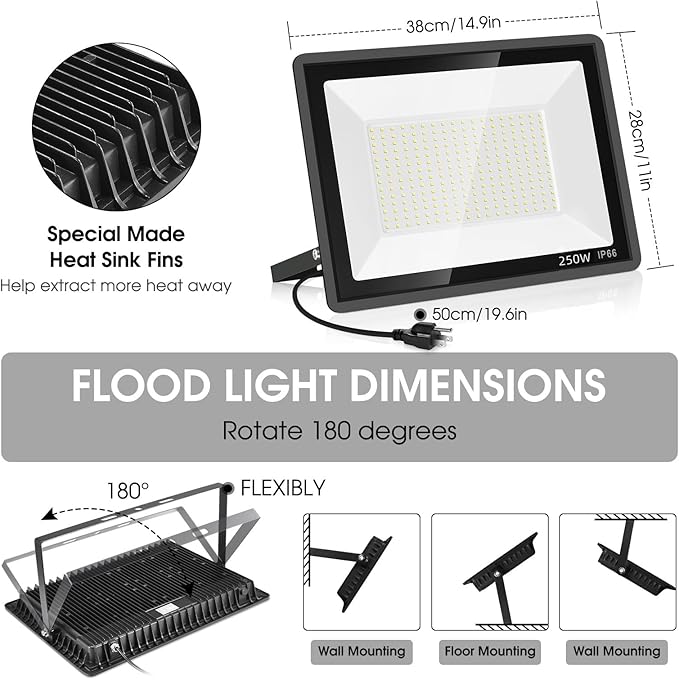 2 Pack 250W Led Flood Lights OutdoorSuper Bright 37000LM Security Lights with PlugExterior IP66 Waterproof 5000K Daylight White FloodLight for Basketball Court Yard GardenParking lot etc
