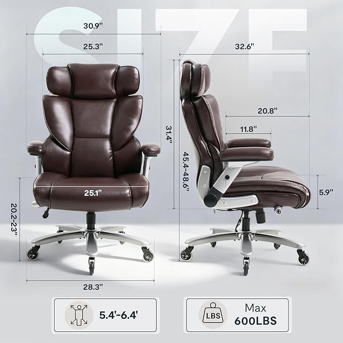 FLEXISPOT 600lbs Big and Tall Office Chair for Heavy People Heavy Duty Computer Desk Chair with Dynamic Lumbar Support 2D Armrest Blade Wheels Chairs for Home Office Gaming Working Leather Brown
