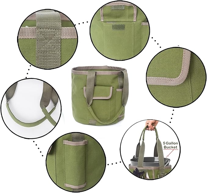HANC Green Bucket Garden Tools Bag with 2 Pockets Tote Garden Tools Bag in Water Proof Canvas Storage Organizer for Men Or Women(Bag Only)