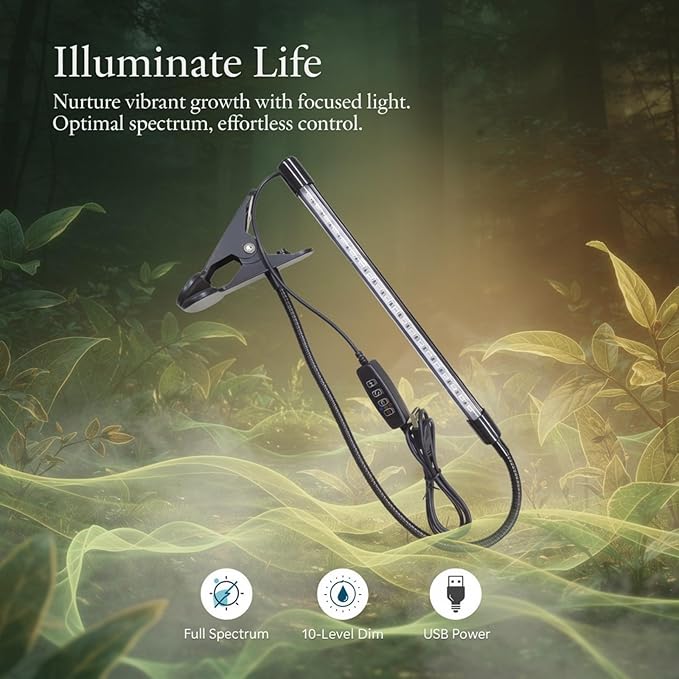 Full Spectrum Led Plant Grow Light Black Clip-On Dimmable USB Powered with Timer