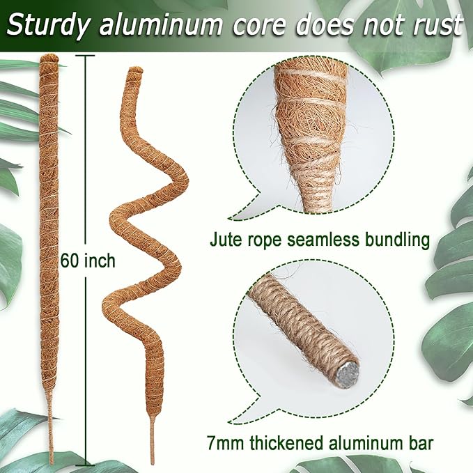 Soupiar 2 Pack 60'' Bendable Moss Pole for Monstera &amp Pothos - Tall Handmade Coco Coir Plant Support Stakes for Large Climbing Indoor Plants Potted Houseplant Trellis Accessories