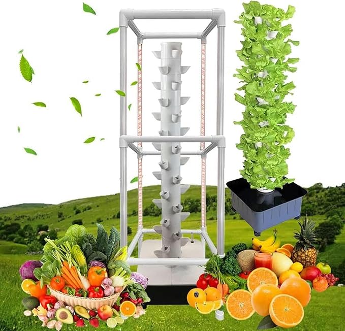 AMNOOL 15 Layer 45 Holes Indoor Hydroponic Grow System with Led Grow Llight DIY Soilless Cultivation Hydroponic Tower Growing Sytem with Pump and Movable Water Tank