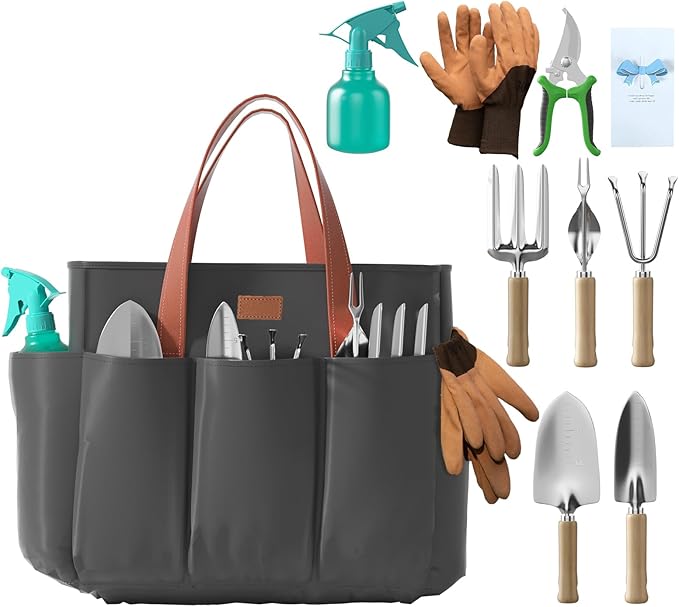 VerdantVibes 9-Piece Garden Tool Set - Heavy Duty Gardening Hand Tools with Ergonomic Non-Slip Grips Rust-Resistant Shovel Trowel Rake Pruner &amp Storage Bag - Ideal Gardening Gifts for Women