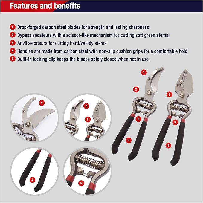 Spear &amp Jackson Drop Forged Bypass &amp Anvil Pruners Set 2 Piece Professional Garden Pruning Tools Durable Steel Blades Comfortable Ergonomic Handles