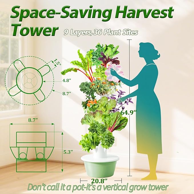 5.25ft Tall Hydroponics Growing System Tower 9 Layers 36 Plant Spots Hydroponics Growing System Kit Tower Vertical Hydroponic Tower for Indoor &amp Outdoor Space-Saving
