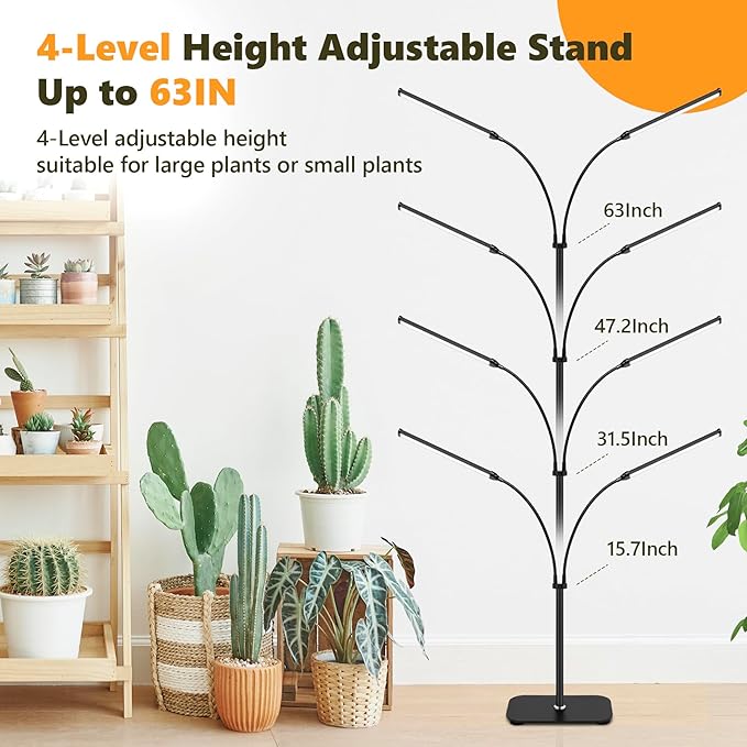 Plant Grow Light Dual Head 40W Indoor Growing Lights144LEDs Full Spectrum Wide Illumination Area 63IN Adjustable Height Stand 10 Dimmable 3/9/12H Auto Timer Floor Lamp for Plants Growth