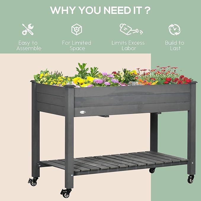 Outsunny Raised Garden Bed 47 x 22 x 33 Elevated Wooden Planter Box w/Lockable Wheels Storage Shelf and Bed Liner for Backyard Patio Dark Gray