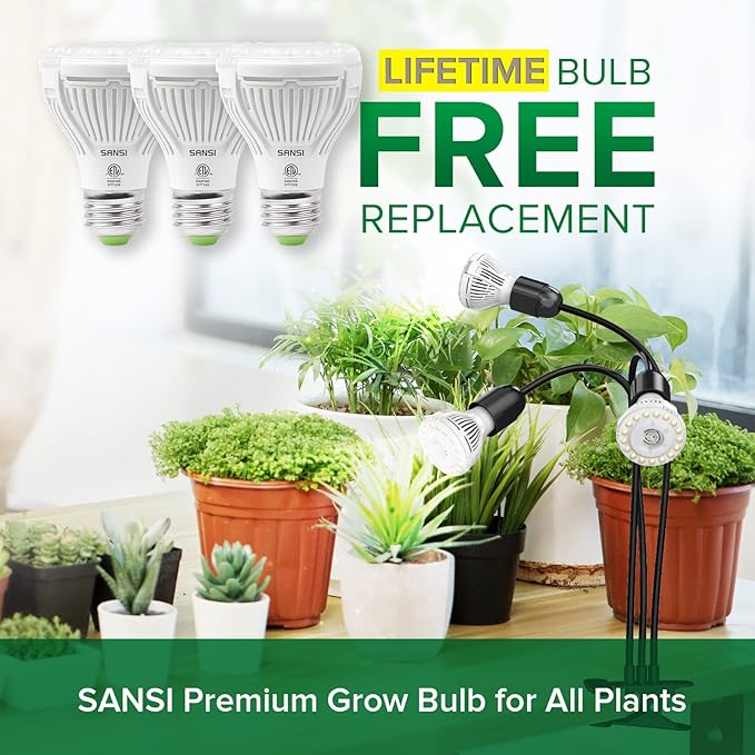 SANSI LED Grow Lights for Indoor Plants 450W Full Spectrum 3-Head Gooseneck Grow Lamp with Ceramic Tech. 30W Power Clip-on High PPFD Plant Light with Optical Lens Lifetime Free Bulb Replacement