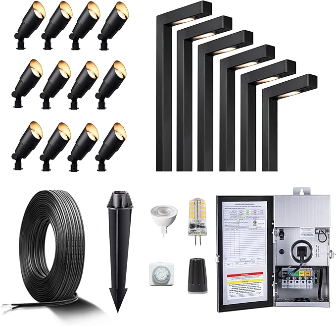 Gardenreet Outdoor Black Brass Wired Landscape Lights Kit (12 Spotlights 6 Path Lights) with 300W 12V Transformer and 250 Feet Cable and 50 Pack Wire Connectors for Outdoor Garden Patio Sideway