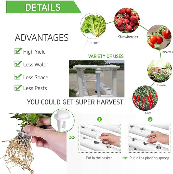 Hydroponic Grow Kit 2 Layers 36 Plant Sites 4 PVC Pipes Indoor Hydroponics Growing System for Leafy Vegetables63MM Planting Tube (63mm Planting Tube)