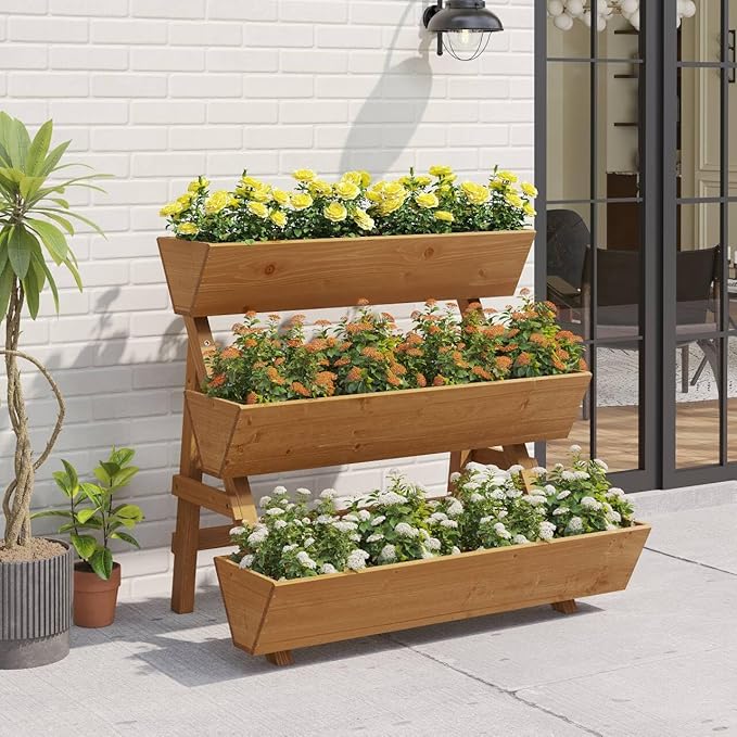 3-Tiers Wooden Raised Garden Bed Tiered Planter Box Flower Pots Vertical Garden Planter Wood Plant Stand for Vegetables Flowers Herbs for Patio Balcony Freestanding (Brown L)