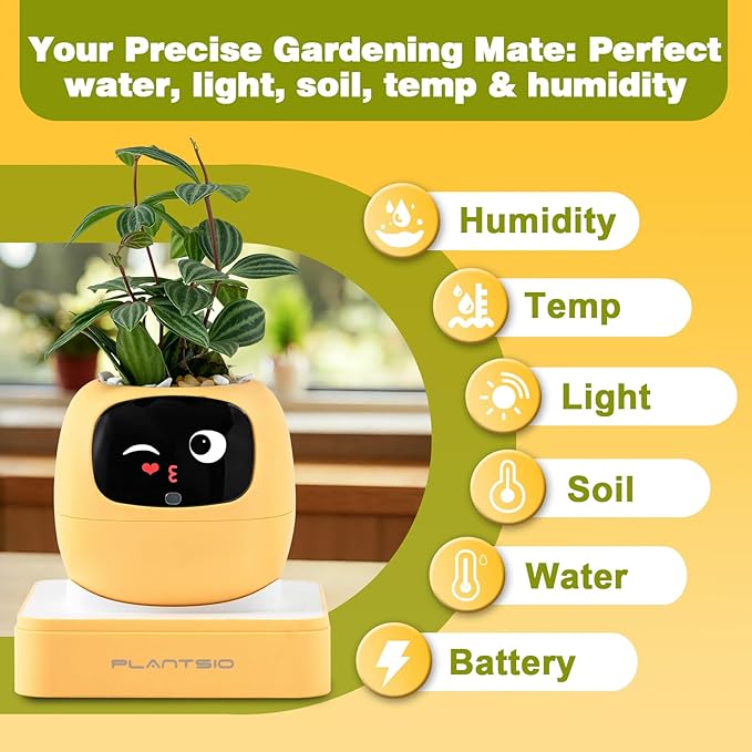 Smart Planter with App Control Self-Watering AI Plant Pot with LCD Display Interactive Desk Plant Companion for 100+ Plants Smart Indoor Planter with Pomodoro Timer80ml ReservoirCalendar-Yellow