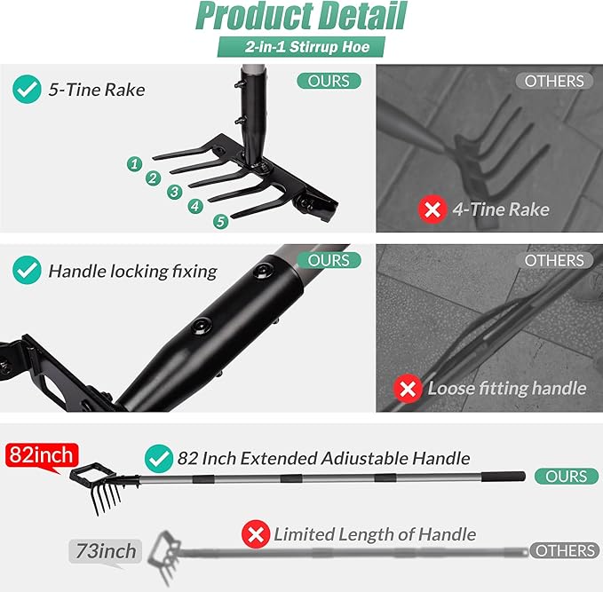 Suchtale 82 Inch Stirrup Hoe and 5-Tines Rake Action Hoe for Weeding 2 in 1 Scuffle Hoe with 37-82 Adjustable Handle Cultivator for Loosening Soil Loop Hoe for Garden Weeding and Planting