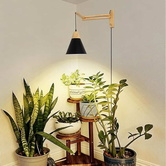 HMVPL Hanging Grow Lights for Indoor Plants Full Spectrum Plant Light for Indoor Growing with 20W COB Grow Light Bulb Wall Mounted Grow Light with Swing Arm 4/8/12H Timer for Large Small Plant