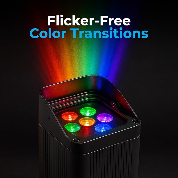Portable 6X6 Dynamic Stage Lighting – Wireless Battery LED Par Lights DJ Lighting Party Lights with 6x18W RGBWAUV DMX512 Remote 15°-40° Lens 15h Runtime (Black)