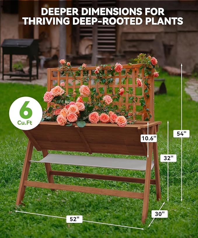 Raised Garden Bed with Legs 52x30x54In Wooden Planter Box with Trellis Outdoor Standing Vertical Horticulture Trellis Planter with Drainage Holes for Vegetables Flowers and Herbs Brown