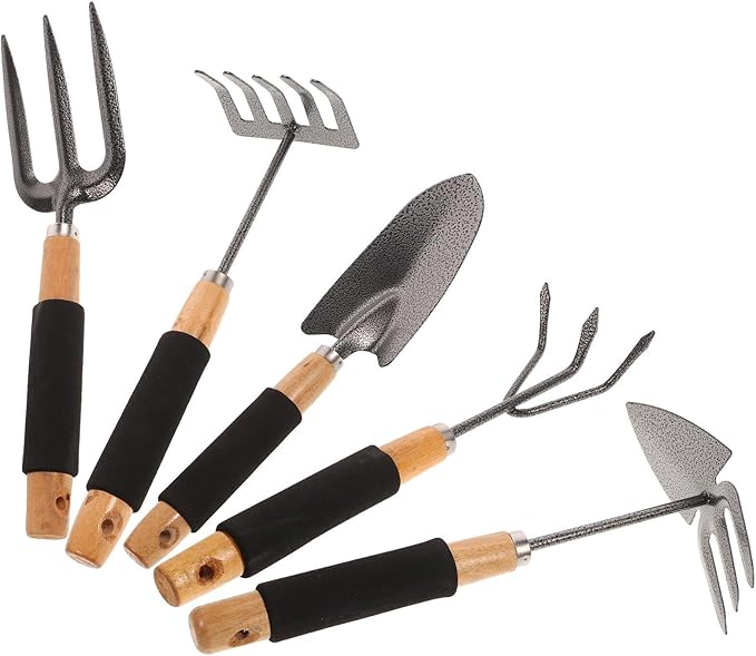 5pcs Ergonomic Garden Tool Set with Storage Rack Practical Outdoor Planting Shovels and Garden Rakes for Lawn and Bed Maintenance