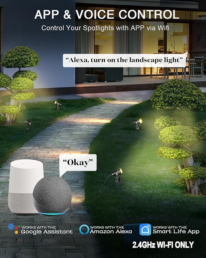 8-Pack Low Voltage Landscape Lighting Kit with WiFi 72W Transformer 3W LED Spotlights with 65ft Cable App and Voice Control 3000K Warm White 12-24V IP65 Outdoor Pathway Uplights