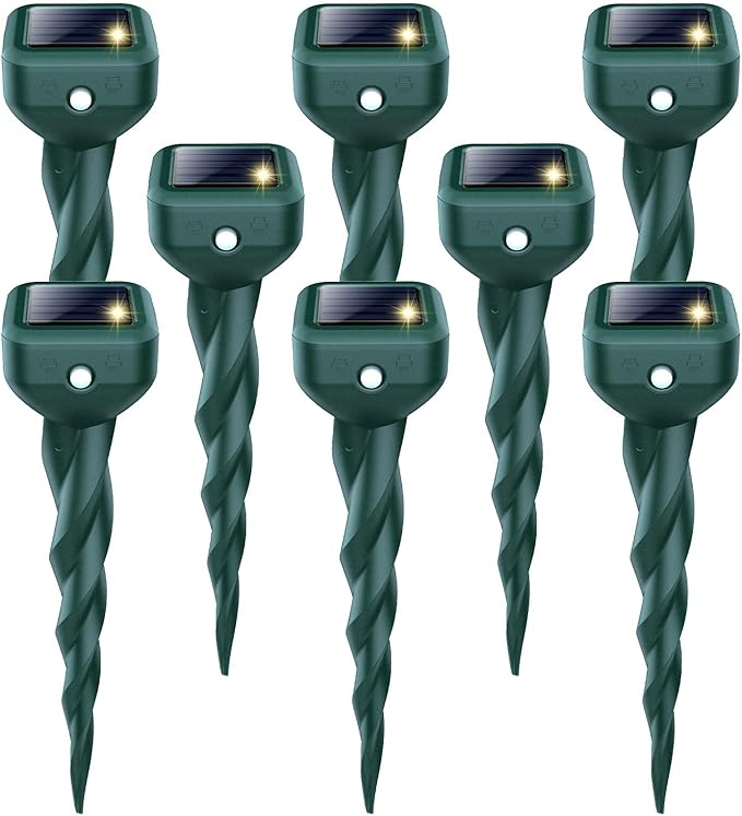 Mole Repellent Solar Powered 8 Pack Snake &amp Skunk Repellent for Yard IP 65 Waterproof Ultrasonic Deterrent Stakes Get Rid for Rabbit Gopher Vole Chipmunk Deer Groundhog for Lawns Garden