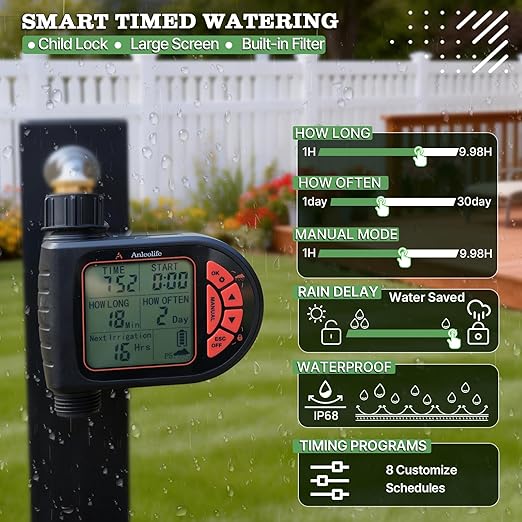 A ANLEOLIFE 82.4FT Automatic Drip Irrigation Kit with Water Timer 8 Programs &amp LCD Quick-Connect System 1/2 Mainline + 1/4 Tubing 360° Bendable Nozzles for Raised Beds Garden &amp Greenhou