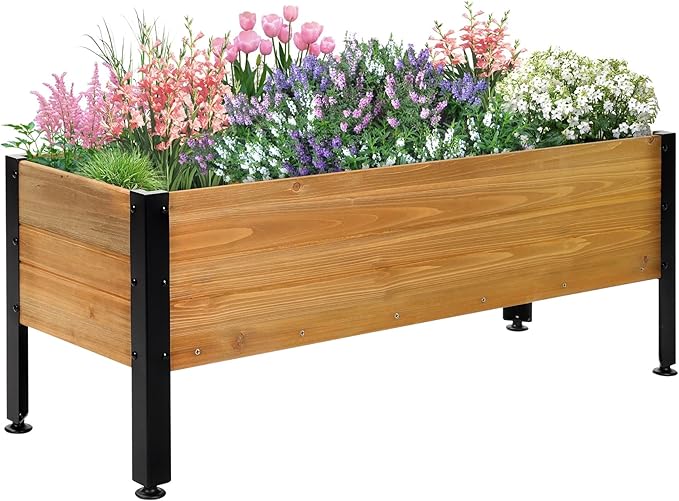 Wood Rectangular Garden Planter Box Raised Bed OutdoorPlanters for Outdoor Plants 37x13x15in Elevated Herbs Vegetables Flowers Great Patio Deck Balcony (37x13x15in Brown)