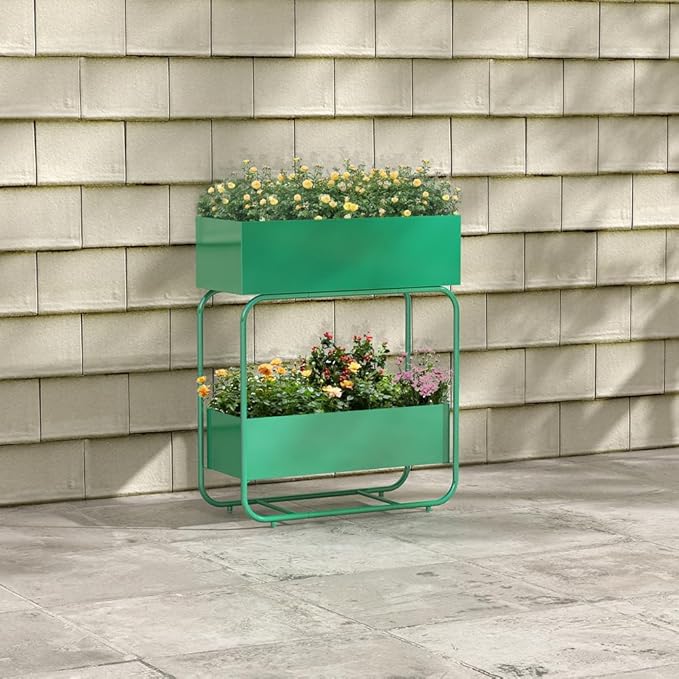 Raised Garden Bed Herb Garden Planter Outdoor - 2 Tier Metal Raised Elevated Garden Bed Planter with Drainage Holes for Patio Lawn Backyard Balcony 24x10x29 Inch Green