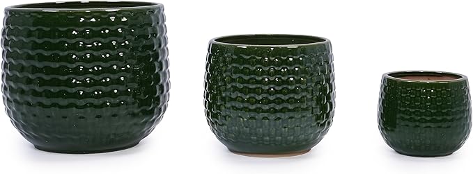 Handmade Glazed Ceramic Planter Set of 3 975 Inch Diameter Dark Green Solid Glossy for Succulents Herbs Outdoor Patio Indoor Staircase Use Breathable Clay with Drainage Holes