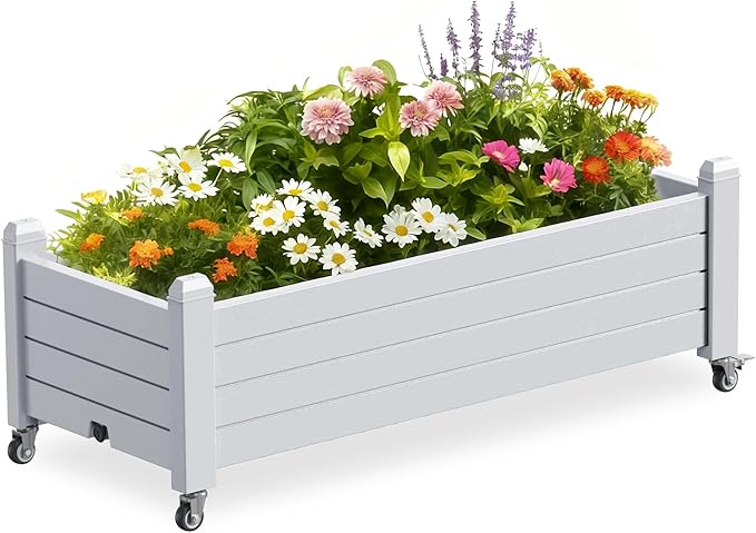 Raised Garden Bed with Wheels 21 Gallon Self-Watering Outdoor Raised Planter Box with Drainage Plug &amp Gauge for Vegetables Flowers Herbs Rustproof Resin for Backyard Patio Porch (Ashen)