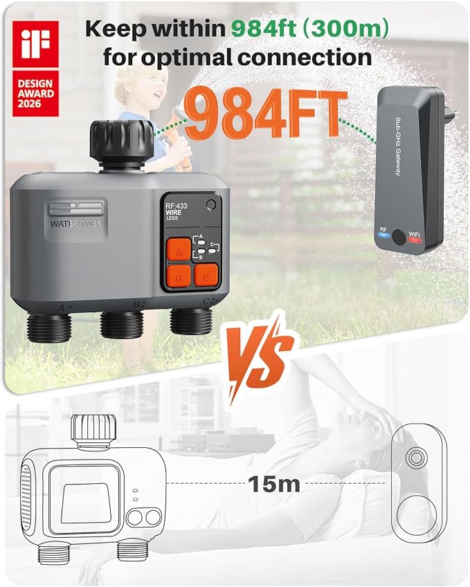 WiFi Sprinkler Timer 3 Zone with 984 Feet RF Gateway 3 Outlet Smart Water Timer for Garden Hose with Rain Delay/Manual/AutomaticWiFi Water Hose Timers for Garden &amp Lawns